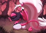 amber_sclera belt big_breasts big_butt breasts butt clothing collar demon female forest hair helluva_boss hi_res horn humanoid imp lips long_hair long_ponytail membrane_(anatomy) membranous_wings pink_hair plant ponytail pupils quicksand red_body slit_pupils solo spade_tail spiked_belt spiked_collar spikes stuck tail thick_bottom_lip toughset tree verosika_mayday wings