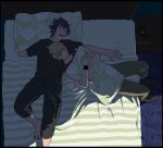  2boys barefoot bed bed_sheet black_hair blanket blonde_hair closed_eyes final_fantasy final_fantasy_xv head_on_another&#039;s_chest head_on_pillow highres hugging_object indoors kaciart male_focus multiple_boys noctis_lucis_caelum on_bed open_mouth pants pillow pillow_hug prompto_argentum shirt short_hair sleeping yaoi 