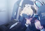  1girl bare_shoulders blonde_hair blue_archive blue_leotard clenched_teeth game_cg hair_bun head-mounted_display highres leotard maid_headdress mecha_pilot_suit non-web_source official_alternate_costume official_art shaded_face solo spoilers teeth toki_(abi-eshuh)_(blue_archive) toki_(blue_archive) 