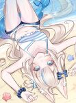  1girl :3 absurdres ahoge animal_ears beach bikini blonde_hair blue_bikini blue_bow blue_eyes blue_hair blue_nails bow breasts cat_ears closed_mouth fins fish_girl fish_tail hair_bow highres indie_virtual_youtuber long_hair lying multicolored_hair nail_polish on_back one_side_up rosheil sameko_saba sand seashell shell short_shorts shorts small_breasts smile solo streaked_hair striped_bikini striped_clothes swimsuit tail very_long_hair virtual_youtuber water white_shorts 
