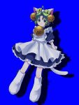  1girl absurdres ahoge animal_hat apron bell blue_background cat_hat cat_tail closed_mouth curtained_hair dejiko di_gi_charat drop_shadow full_body green_eyes green_hair hat highres jingle_bell neck_bell pixelated puffy_short_sleeves puffy_sleeves short_sleeves solo tail ushitaberu white_apron 