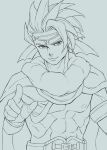  1boy abs armlet belt bracelet cape circlet commentary_request dragon_quest dragon_quest_x fins fish_boy hand_on_own_hip head_fins hijirino_yuuta jewelry looking_at_viewer looking_to_the_side male_focus monochrome monster_boy muscular muscular_male nipples odisu_(dq10) pointing pointing_at_viewer prince short_hair smile solo spiked_hair topless_male upper_body 