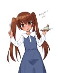  1girl alternate_costume blue_dress brown_eyes brown_hair cake cake_slice dark-skinned_female dark_skin dated dress food highres kantai_collection leaning_to_the_side libeccio_(kancolle) long_hair looking_at_viewer maru_(marg0613) one-hour_drawing_challenge simple_background solo strawberry_shortcake tongue tongue_out twitter_username white_background white_sleeves 