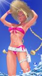  1girl adjusting_clothes adjusting_headwear armpits beach bikini blonde_hair blue_eyes braid breasts cammy_white front-tie_bikini_top front-tie_top hat highres medium_breasts namamo_(squidrilling) official_alternate_costume pink_bikini scar scar_on_cheek scar_on_face side-tie_bikini_bottom solo straw_hat street_fighter street_fighter_6 swimsuit tan tanlines twin_braids water 