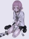  absurdres bags_under_eyes between_legs black_choker black_shoes black_shorts chain chain_necklace choker commentary crona_(soul_eater) digital_media_player earbuds earphones full_body gauze_on_knee grey_background grey_eyes hair_between_eyes hand_between_legs highres ipod jewelry mano_aaa necklace pink_hair ringed_eyes seiza shirt shoes short_hair short_sleeves shorts simple_background sitting skull_necklace solo soul_eater sword t-shirt weapon white_shirt wrist_cuffs 