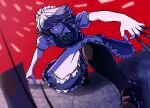  1girl apron between_fingers black_pantyhose blue_dress bow bowtie braid breasts brown_shoes closed_mouth collared_shirt commentary_request dagger dress floor frills green_bow green_bowtie grey_hair hair_between_eyes hair_bow highres holding holding_dagger holding_knife holding_weapon izayoi_sakuya knife looking_to_the_side maid maid_headdress medium_breasts ofuda on_one_knee pantyhose pinafore_dress pink_eyes puffy_short_sleeves puffy_sleeves red_background shadow shirt shoes short_hair short_sleeves simple_background sleeveless sleeveless_dress solo sweatdrop tenx2_1341 touhou twin_braids v-shaped_eyebrows weapon white_apron white_shirt 