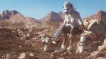 16:9 3d_(artwork) abs anthro areola armor big_breasts blizzard_entertainment braided_hair breasts canid canine claws desert digital_media_(artwork) dirt dirty edelie_(johnwulffe) exhausted female fur hair heat_(temperature) hi_res johnwulffe looking_at_viewer mammal mane mane_hair melee_weapon mythological_canine mythological_creature mythology neck_tuft nipples open_mouth outside pink_nipples plate_armor red_eyes sitting solo sword teeth tongue tongue_out tuft warcraft weapon werecanid werecanine werecreature werewolf white_body white_fur white_hair widescreen worgen
