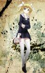  1girl arimura_hinae blonde_hair blood blood_on_arm blood_on_clothes blood_on_leg blue_eyes bow breasts chaos;child chest_bow clenched_teeth collarbone cropped_jacket cry-planet dress dress_vest full_body hair_between_eyes hair_bow hair_ribbon hekiho_academy hekiho_academy_school_uniform highres holding holding_own_arm hood jacket loafers long_hair long_sleeves medium_breasts miniskirt multiple_hair_bows parted_lips ribbon school_emblem school_uniform shoes skirt solo sumo_sticker_(chaos;child) teeth thick_thighs thighhighs thighs twintails white_hood white_thighhighs zettai_ryouiki 