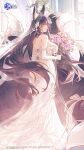  1girl animal_ear_fluff animal_ears ass azur_lane backless_dress backless_outfit bouquet bridal_gauntlets bridal_veil commentary dress english_commentary floating_hair flower fox_ears fox_girl fox_tail from_behind highres holding holding_bouquet kei_(keiuu) long_hair looking_at_viewer looking_back musashi_(azur_lane) musashi_(purest_wisteria)_(azur_lane) official_alternate_costume official_art parted_lips pink_flower smile solo standing tail veil very_long_hair wedding_dress white_bridal_gauntlets white_dress 