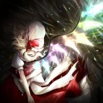  1girl ascot back_bow black_background blonde_hair bow covered_mouth cowboy_shot crystal_wings dark flandre_day flandre_scarlet floating_hair from_behind glowing hat hat_ribbon highres holding_own_arm looking_at_viewer looking_back mob_cap multicolored_wings petticoat profile puffy_short_sleeves puffy_sleeves red_eyes red_ribbon red_skirt red_vest ribbon sasami_(shiroi_fuwafuwa) short_hair short_sleeves sideways_glance skirt skirt_set solo touhou vest white_bow white_hat wings yellow_ascot 