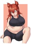  1girl arm_support bifizu&#039;s_gold blush border breasts character_request commentary_request copyright_request cropped_legs hair_between_eyes head_tilt highres huge_breasts long_hair muffin_top navel open_mouth orange_background orange_hair outside_border plump sanpaku sitting solo sweat white_border 