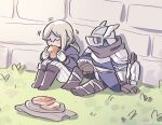  1boy 1girl alternate_costume arm_support armor blonde_hair blue_surcoat bread bread_slice brick_wall brother_and_sister brown_gloves commentary duchess_(elden_ring) eating elden_ring elden_ring_nightreign eye_mask food full_armor gloves grass helmet looking_at_another omochi_anko3 parted_bangs pita_(food) plate siblings sitting symbol-only_commentary white_gloves winged_helmet wylder_(elden_ring) 