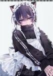  1boy absurdres animal_ears apron aqua_eyes black_bow black_jacket black_pants blue_hair blue_pupils bow cat_boy cat_ears crossdressing ear_piercing fang feet_out_of_frame frilled_apron frills hair_between_eyes highres jacket ksb_x4 looking_at_viewer maid maid_apron maid_headdress male_focus male_maid open_mouth original pants piercing short_hair simple_background sitting skin_fang slit_pupils solo track_jacket track_pants white_apron white_background 