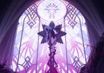 1girl atsuko_(blue_archive) black_leotard black_mask blood blood_on_clothes blood_on_face blue_archive crucifixion game_cg highres kneehighs leotard non-web_source official_art purple_hair socks solo spoilers stained_glass white_socks 
