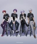  4boys arm_support between_legs black_choker black_pants black_sash black_shirt black_shoes blue_eyes bracelet brown_pants brown_sandals choker closed_mouth colored_inner_hair copyright_notice crossed_legs curtained_hair dark-skinned_male dark_skin dress_shoes ear_piercing earrings full_body fuwa_minato green_eyes grey_background grey_hair grey_pants hair_between_eyes hair_intakes hair_over_shoulder hand_between_legs hand_in_pocket hand_on_own_knee head_on_hand head_rest high_tops ibrahim_(nijisanji) inaotteko_ze jewelry lauren_iroas lineup long_hair looking_at_viewer low_ponytail male_focus multicolored_hair multiple_boys nijisanji official_art pants parted_lips piercing pink_hair ponytail print_shirt purple_eyes purple_hair red_hair sample_watermark sandals sash shadow shirt shoes short_hair short_sleeves sideways_glance simple_background sitting smile sneakers stool streaked_hair swept_bangs t-shirt triangle_earrings two-tone_hair virtual_youtuber watarai_hibari watermark white_shoes wristband yellow_eyes 