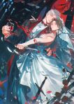  1boy 1girl absurdres alcohol bare_shoulders bird black_jacket black_suit bow bowtie bridal_veil brown_hair collar collared_jacket cowboy_shot crow cup detached_sleeves dress dress_shirt endofthepage flower grey_eyes highres holding holding_cup holding_knife holding_weapon hug jacket jewelry knife looking_at_viewer love_and_deepspace nose parted_bangs parted_lips protagonist_(love_and_deepspace) red_bow red_bowtie red_collar red_eyes red_wine rose shirt short_hair sleeveless suit suit_jacket sword sylus_(abyssal_sovereign)_(love_and_deepspace) veil weapon wedding_dress white_dress white_hair white_shirt wine 