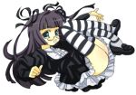  1girl black_dress black_hair black_shoes blue_eyes blunt_bangs center_frills collared_dress dress frilled_dress frills full_body glasses hair_intakes hair_ribbon highres loafers long_hair long_sleeves original ribbon semi-rimless_eyewear shoes simple_background solo striped_clothes striped_thighhighs thighhighs two_side_up veloexotica white_background 