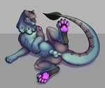  2015 anus balls blue_scales digitigrade dragon feral frill fully_sheathed gravity_(character) grey_background grey_scales head_frill looking_away lying male on_side pawpads paws pink_eyes plain_background purple_scales raised_leg scalie sheath solo spread_legs spreading the_secret_cave 