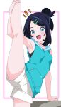  1girl :d absurdres alpaca_no_otouto bare_legs black_hair blue_eyes blue_sweater_vest blush hair_bun highres hood hood_down hooded_sweater leg_up liko_(pokemon) multicolored_hair parted_bangs pokemon pokemon_(anime) pokemon_horizons short_shorts shorts smile solo split standing standing_on_one_leg standing_split streaked_hair sweater sweater_vest white_shorts 