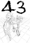  1girl boku_no_hero_academia boots fingerless_gloves gloves graphite_(medium) greyscale highres horikoshi_kouhei jirou_kyouka kaminari_denki leaning_forward long_sleeves monochrome open_mouth outstretched_arm pants perspective plug short_hair simple_background traditional_media white_background 