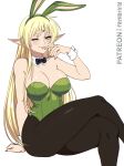  1girl ;) animal_ears black_bow black_bowtie black_pantyhose blonde_hair bow bowtie breasts cleavage commentary crossed_legs deedlit elf english_commentary faenatical fake_animal_ears green_eyes green_leotard highres large_breasts leotard long_hair one_eye_closed paid_reward_available pantyhose patreon_username playboy_bunny pointy_ears rabbit_ears record_of_lodoss_war simple_background smile solo very_long_hair white_background wrist_cuffs 