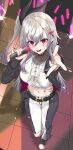  1girl absurdres asymmetrical_hair belt black_belt black_jacket black_nails black_pants black_ribbon black_shoes blush breasts commentary crop_top crossed_bangs crown_hair_ornament ear_piercing earclip eyelashes full_body glowstick grey_hair hair_between_eyes hair_ribbon highres holding holding_microphone hololive hololive_dev_is isaki_riona jacket jewelry knee_cutout long_hair looking_at_viewer medium_breasts microphone midriff multicolored_nails music nail_polish navel navel_piercing necklace nerorigogo open_clothes open_jacket open_mouth pants piercing pink_nails reaching reaching_towards_viewer red_eyes ribbon shirt shoes side_ponytail singing smile sneakers solo spiked_ear_piercing standing sweat tile_floor tiles two-sided_fabric two-sided_jacket two-tone_pants virtual_youtuber white_pants white_shirt 
