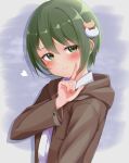  1girl absurdres blush brown_coat cat_hair_ornament closed_mouth coat dejiko di_gi_charat eyelashes green_eyes green_hair hair_ornament heart highres hood hood_down hooded_coat index_finger_raised long_sleeves looking_at_viewer mujin_(mujinzairaisen) smile solo winter_garden 
