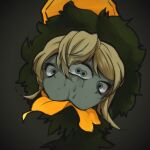  1girl blonde_hair colored_skin conjoined dream_of_a_black_swan feathers green_feathers grey_background grey_skin highres lobotomy_corporation looking_at_viewer project_moon short_hair simple_background solo yatsumeunagi 
