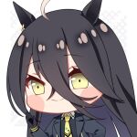  1girl ahoge animal_ear_piercing animal_ears black_gloves blazer blush_stickers chibi closed_mouth commentary earrings english_commentary fpsmoe gloves hair_between_eyes horse_ears horse_girl jacket jewelry light_smile long_hair long_sleeves looking_at_viewer manhattan_cafe_(umamusume) multicolored_hair necktie single_earring solo star_(symbol) star_print streaked_hair umamusume upper_body yellow_eyes yellow_necktie 