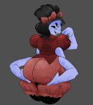 5_eyes 6_arms anthro arachnid arthropod beady_eyes big_butt black_eyes black_hair butt clothing dress fangs female grey_background hair holding_butt huge_butt looking_at_viewer looking_back looking_back_at_viewer mrdreamcatch_er muffet multi_arm multi_eye multi_limb open_mouth open_smile rear_view red_bow red_clothing red_dress simple_background smile solo spider teeth thick_thighs undertale undertale_(series) wide_hips
