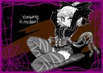  alternate_costume arms_behind_back black_background bow breasts brown_background corset extra_eyes frame hair_bow hair_bun hips kurodani_yamame looking_to_the_side medium_breasts purple short_shorts shorts silk smile solo spider_web thighhighs thighs touhou two-tone_background yt_(wai-tei) 