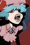  ascot bat_wings blouse blue_hair brooch fangs hair_over_one_eye hat hat_ribbon jewelry leaning_forward looking_at_viewer mob_cap onikobe_rin open_mouth red_background red_eyes red_sclera remilia_scarlet ribbon sharp_teeth short_hair simple_background slit_pupils solo teeth touhou wings 