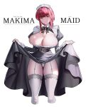  1girl absurdres alternate_costume ass_visible_through_thighs black_dress breasts chainsaw_man cleavage clothes_lift dress dress_lift enmaided frilled_dress frills garter_straps grey_thighhighs hararili highres huge_breasts maid maid_headdress makima_(chainsaw_man) panties red_hair ringed_eyes solo thighhighs underwear white_panties yellow_eyes 