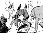  2girls ? ?? animal animal_ears bird carrying carrying_under_arm choke_hold commentary_request ear_covers ear_ornament female_trainer_(umamusume) fish foaming_at_the_mouth gentildonna_(umamusume) greyscale highres holding holding_animal holding_fish horse_ears horse_girl jacket long_hair long_sleeves mackerel_(fish) monochrome multiple_girls nervous_sweating ostrich sidelocks sideways_glance strangling sweat takatsuki_nato track_jacket trainer_(umamusume) translation_request trembling umamusume zipper 