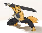 absurd_res anthro biceps bird_dog bottomwear brown_eyes canid canine canis clothing domestic_dog fangs fur golden_retriever hair hi_res hunting_dog i_think_i_like_you male mammal melee_weapon milatora1 muscular muscular_male pants pecs ray_(i_think_i_like_you) retriever shirt smile solo sword tank_top teeth topwear weapon yellow_body yellow_fur