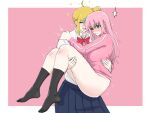  2girls ^^^ ahoge black_socks blonde_hair blue_eyes blue_skirt blush bocchi_the_rock! bottomless bow bowtie carrying chinese_commentary clenched_teeth closed_eyes collared_shirt commentary_request cube_hair_ornament detached_ahoge gotoh_hitori hair_ornament highres hug ijichi_nijika inuitakumi49 jacket multiple_girls one_side_up open_mouth pink_background pink_hair pink_jacket pink_track_suit pleated_skirt princess_carry red_bow red_bowtie shaded_face shirt skirt smile socks sparkle teeth thighs track_suit twitching two-tone_background white_background white_shirt yuri 