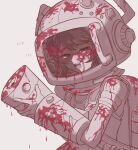  1girl absurdres arm_cannon blood blood_on_clothes blood_on_helmet blood_on_weapon blue_eyes brown_background brown_theme diving_helmet half-closed_eyes hands_up helmet highres jetpack jumpsuit looking_at_viewer masei_shibou monochrome official_alternate_costume open_mouth reverse:1999 solo spathodea_(onwards_to_victory)_(reverse:1999) spathodea_(reverse:1999) spot_color upper_body weapon 