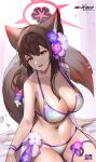  1girl absurdres animal_ears bikini blue_archive bow breasts brown_hair bubble collarbone copyright_name flower fox_ears fox_girl fox_tail hair_bow halo highres large_breasts long_hair masamura_(masamura_eliza) navel open_mouth pink_bow pink_flower purple_flower shadow solo stomach swimsuit tail wakamo_(blue_archive) wakamo_(swimsuit)_(blue_archive) white_bikini white_flower yellow_eyes 