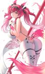  1girl absurdres ass back bodysuit breasts commentary from_side gradient_hair hairband hashtag-only_commentary headgear highres holding holding_polearm holding_weapon large_breasts long_hair looking_at_viewer lupa_(wuthering_waves) metal_hairband multicolored_hair p-tomi parted_lips pink_hair polearm red_pupils smile solo tacet_mark_(wuthering_waves) tail twintails weapon white_bodysuit wolf_tail wuthering_waves yellow_eyes 