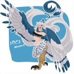  1girl absurdly_long_hair artist_name bird_legs bird_tail black_tube_top blue_background blue_feathers bright_pupils commentary_request feather_hair feathered_wings feathers harpy highres long_hair midriff monster_girl navel one_eye_closed original pink_eyes solo standing standing_on_one_leg strapless tail talons tube_top two-tone_background two-tone_wings urotori very_long_hair white_background white_feathers white_hair white_pupils white_wings winged_arms wings 