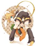  1boy 96mame ? animal_ears belt bent_over black_sailor_collar blonde_hair blue_eyes carrot detached_sleeves from_behind full_body kagamine_len kneepits leg_warmers looking_at_viewer male_focus navel ponytail rabbit_ears rabbit_tail sailor_collar shirt shoes short_hair short_ponytail shorts solo solo_focus tail vocaloid white_shirt 