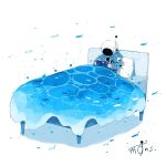  1other absurdres air_bubble artist_name bed blanket blue_jacket book bubble caustics commentary fish flying_fish gloves helmet highres holding holding_book jacket kazunoko_(kazunoko_zunoco) on_bed open_book original other_focus pillow pun radio_antenna reading signature simple_background solo space_helmet surreal under_covers water white_background white_gloves 