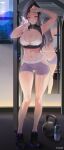  1girl absurdres arm_up armpits artist_name ass ass_cutout black_hair black_shirt black_shoes black_sports_bra blue_eyes blush bottle bra breastless_clothes breasts cleavage clothing_cutout commentary_request figure_available framed_breasts full_body grey_shorts highres holding holding_towel indoors large_breasts long_hair looking_at_viewer merchandise_available myabit navel original panties plastic_bottle ponytail reflection shirt shoes shorts skindentation sleeveless sleeveless_shirt sleeveless_turtleneck solo sports_bra sportswear standing stomach sweat thighs towel turtleneck underwear water_bottle white_bra white_panties wiping_face wiping_sweat 