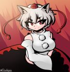  1girl animal_ear_fluff animal_ears black_skirt breasts charlywinds closed_mouth commentary detached_sleeves english_commentary eyeliner gradient_background hair_between_eyes hat highres inubashiri_momiji large_breasts long_sleeves looking_at_viewer makeup orange_background pom_pom_(clothes) red_background red_eyes red_hat red_trim shirt short_hair skirt smile solo split_mouth tokin_hat touhou upper_body v-shaped_eyebrows white_hair white_shirt wide_sleeves wolf_ears wolf_girl 