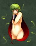  2015 antennae arm_at_side bad_deviantart_id bad_id bandages blush breasts cape cleft_of_venus closed_eyes commentary cowboy_shot eyelashes fireflies green_hair hand_on_own_shoulder highres looking_down naked_cape navel nipples nude pussy short_hair small_breasts smile solo touhou windpianist wriggle_nightbug wrist_wrap 