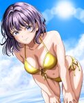  1girl anri_(holy) bikini black_hair blue_eyes blue_sky breasts cloud cowboy_shot day dutch_angle front-tie_bikini_top front-tie_top hands_on_own_thighs highres leaning_forward lens_flare medium_breasts original outdoors short_hair side-tie_bikini_bottom sky smile solo swimsuit yellow_bikini 