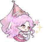  1girl argyle_clothes argyle_hat artist_request blush_stickers bright_pupils brown_eyes buttons casting_spell center_frills chibi choker crescent_print cropped_legs detached_sleeves dress drill_hair elbow_gloves enchanted_encounter_(infinity_nikki) fairy_wings frilled_dress frilled_headwear frilled_sleeves frills glitter gloves gown happy hat hat_ornament holding holding_wand infinity_nikki long_hair looking_at_object magic nikki_(series) official_art open_mouth parted_bangs pink_dress pink_hair pink_hat pink_sleeves pink_vest pink_wings pleated_sleeves purple_choker short_sleeves sidelocks smile solo sparkle star_(symbol) star_hat_ornament star_print strapless strapless_dress tareme transparent_background transparent_wings very_long_hair vest wand wavy_hair white_gloves white_pupils wings 