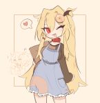  1girl :3 bat_wings blonde_hair blue_skirt blue_vest border brown_background brown_border brown_shirt ceroro character_request check_copyright chibi chibi_inset collar copyright_request cowboy_shot donut donut_hair_ornament donut_print double-parted_bangs english_commentary fang food food-themed_hair_ornament food_print frilled_skirt frills hair_between_eyes hair_ornament heart highres holding holding_donut holding_food long_hair one_eye_closed open_mouth original pointy_ears red_collar red_eyes shirt signature simple_background skirt smile speech_bubble spoken_heart vest wings 