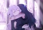  2girls atsuko_(blue_archive) bare_arms bare_shoulders black_hair black_leotard black_sports_bra blue_archive blue_hair blue_halo bruise bruise_on_arm bruise_on_back closed_eyes closed_mouth game_cg halo highres hug injury leotard multicolored_hair multiple_girls non-web_source official_art purple_hair saori_(blue_archive) scar smile source_request spoilers sports_bra two-tone_hair upper_body 