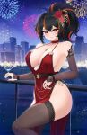  1girl aerial_fireworks against_railing alternate_costume black_hair black_sleeves black_thighhighs breasts choker city collarbone detached_sleeves doiparuni dress fireworks flower glass hair_flower hair_ornament highres knee_up large_breasts looking_at_viewer night outdoors parted_lips pelvic_curtain plunging_neckline ponytail railing red_choker red_dress red_eyes red_hair solo spaghetti_strap thighhighs zenless_zone_zero zhu_yuan 